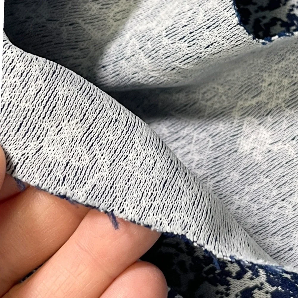 64x67 Navy Blue Floral Knit Fabric Damask Print‎ Textile Material Cottagecore
